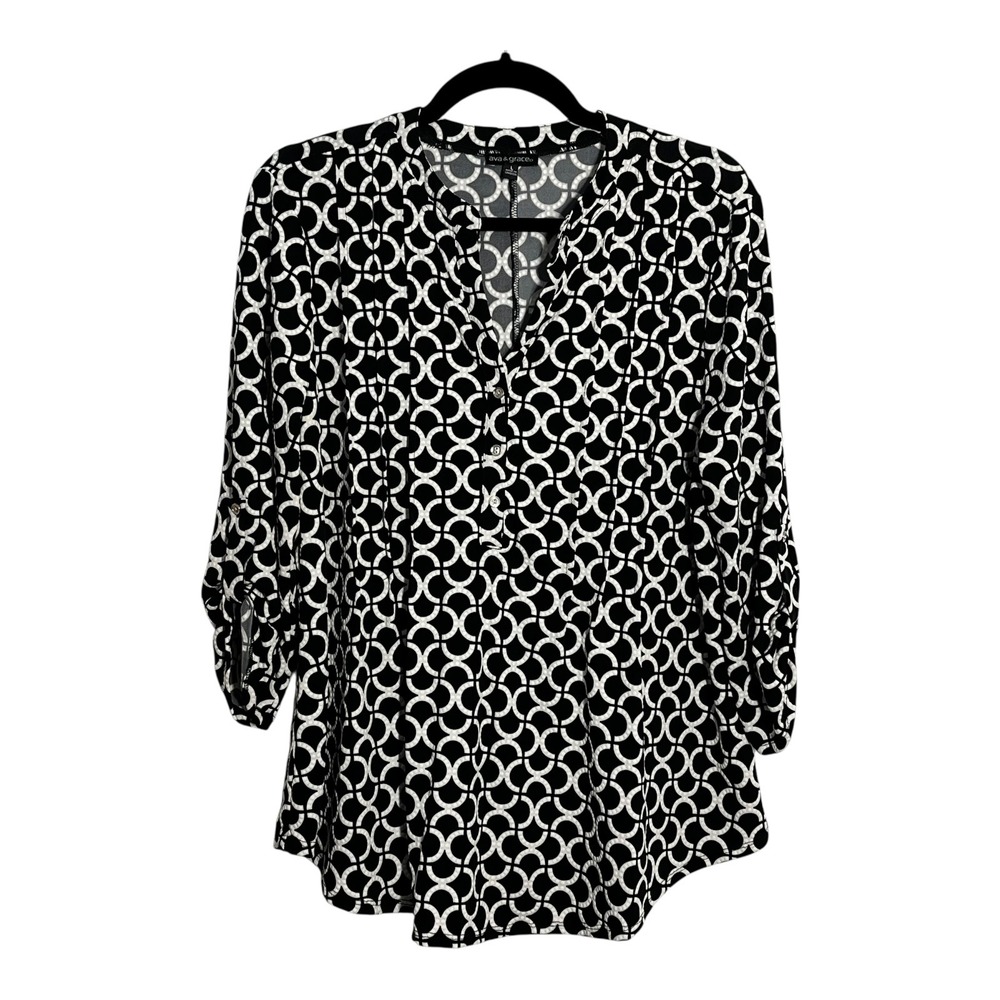 Ava & Grace Womens Large Black‎ White Geometric Link Roll Tab Sleeve Blouse Top